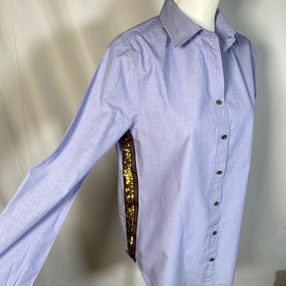 EUC J.Crew Blue Gold Sequin Button-up 6